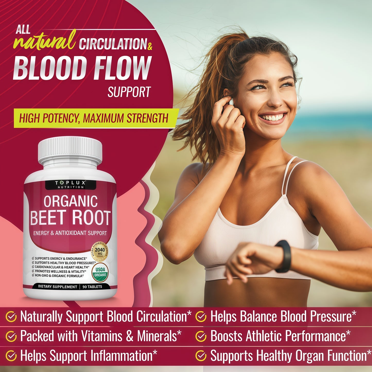 Organic Beet Root Powder Tablets - 2040mg Natural Nitric Oxide Beets to Support, Energy, Black Pepper Better Absorption, Non-GMO, for Men Women, 90 Tablets