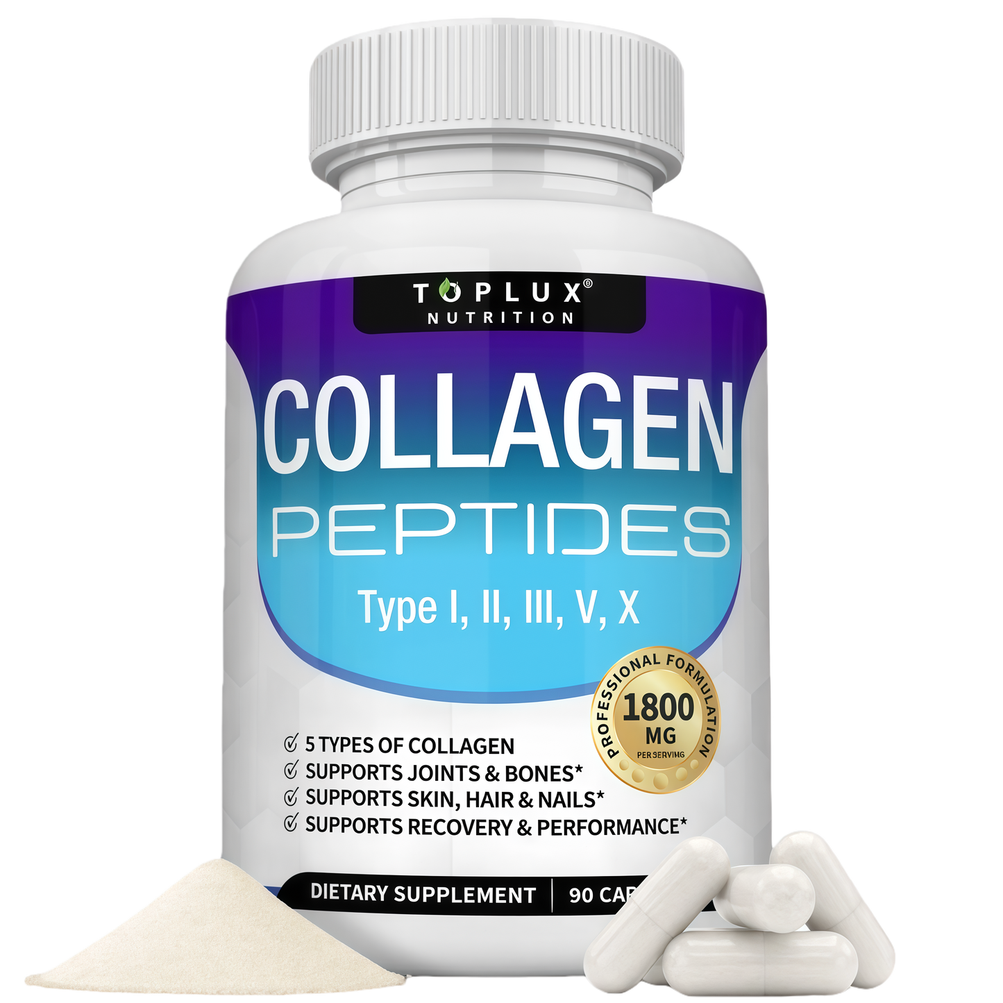 Toplux Multi Collagen Peptides Pills 1800 Mg Complex - Type I, II, III, V, X Premium Collagen Complex for Better Skin & Hair, Strong Joint, Hydrolyzed Protein, for Men Women, 90 Capsules, Supplement