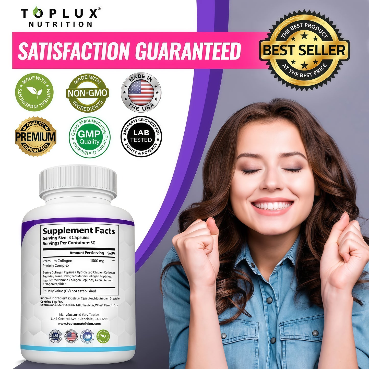 Toplux Multi Collagen Peptides Pills 1800 Mg Complex - Type I, II, III, V, X Premium Collagen Complex for Better Skin & Hair, Strong Joint, Hydrolyzed Protein, for Men Women, 90 Capsules, Supplement