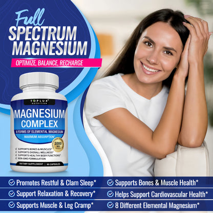 Magnesium Complex Supplement 8 Elemental 1000mg - Magnesium Glycinate, Citrate, Malate, Taurate, Chelated for Easy Absorption for Bones, Muscle, Recovery, Energy, Vegan Non-GMO 90 Capsules