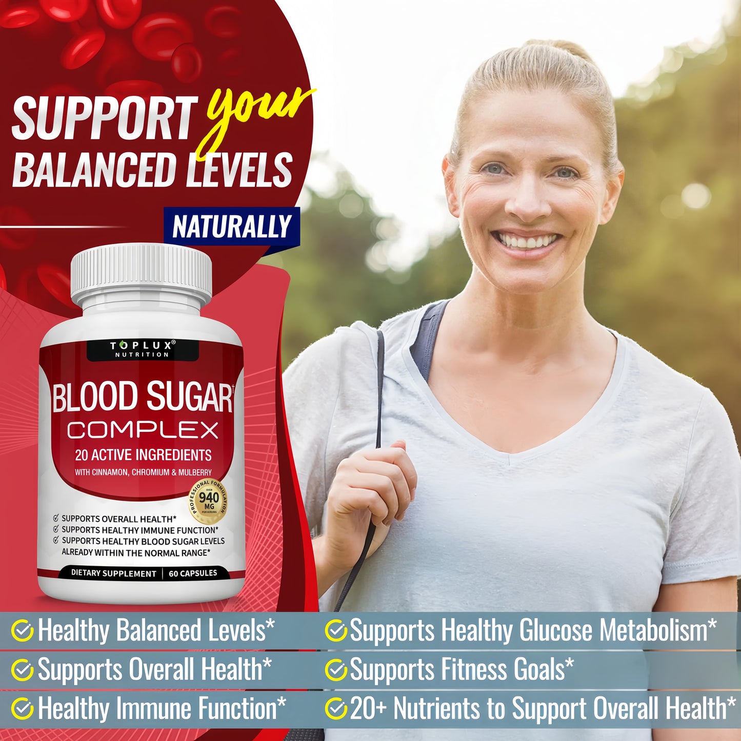 Blood Sugar Complex Supplement - Supports Healthy Blood Sugar Levels Already Within Normal Range All Natural with Cinnamon, Bitter Melon, Chromium, Mulberry, Alpha Lipoic Acid, Non-GMO, 60 Capsules