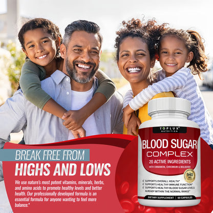 Blood Sugar Complex Supplement - Supports Healthy Blood Sugar Levels Already Within Normal Range All Natural with Cinnamon, Bitter Melon, Chromium, Mulberry, Alpha Lipoic Acid, Non-GMO, 60 Capsules